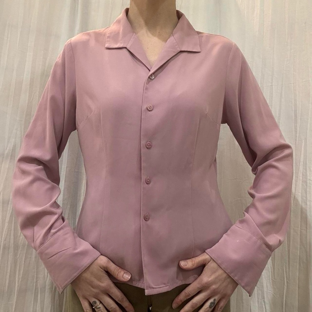 Dusty Pink Button Down Blouse‎ Vintage 90s Roll Up Long Sleeves
